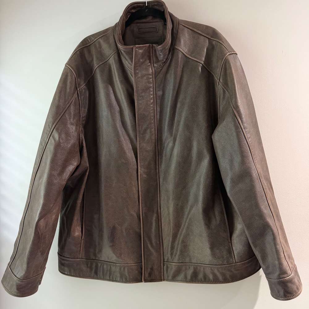 Roundtree & Yorke Leather Jacket Mens XXL Brown Good Mock Neck Zip Up Bomber